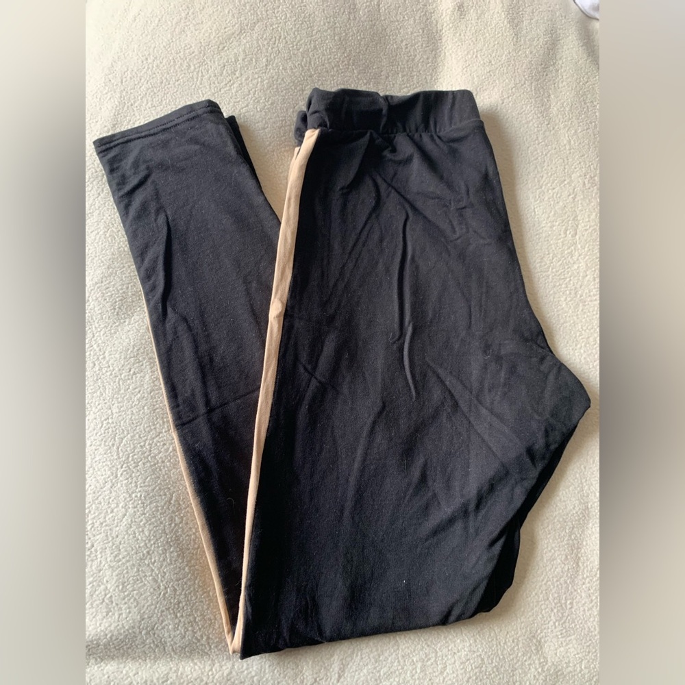 H&M BASIQUE Leggings Black Beige Women's L Cotton Elastane Elastic Waist